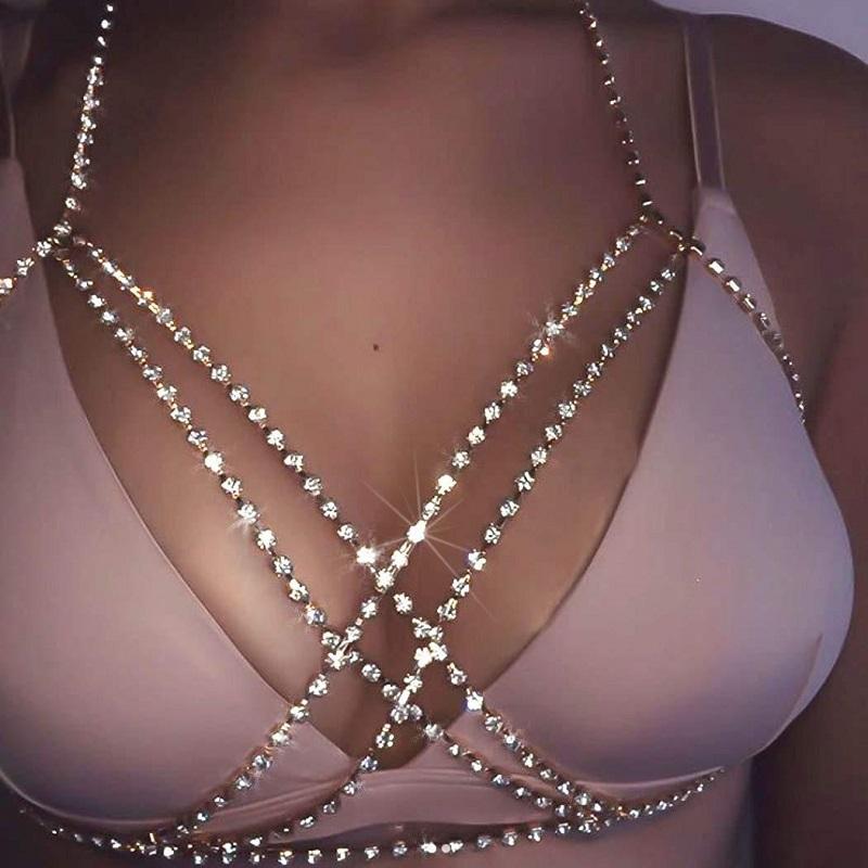Bohemian Strand Sexy Brustkette für Damen Voll Strass Kreuz Brustkette Glitzerndes Kristall BH Körperkette Choker Schmuck