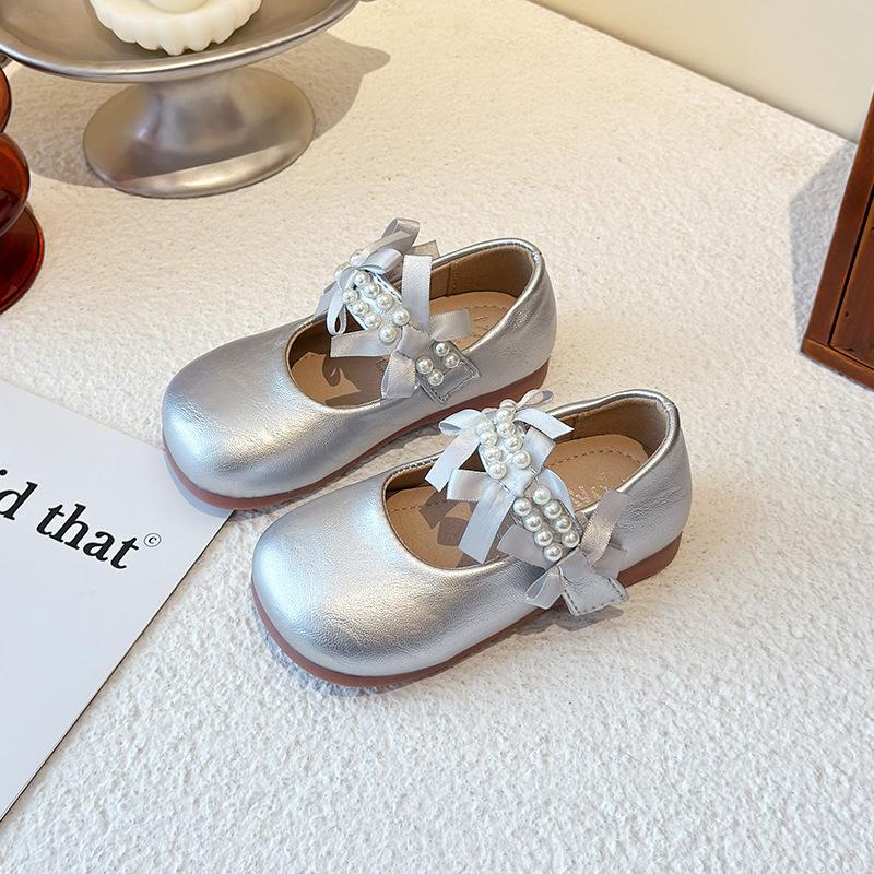 Girls leather shoes 2025 new children's pearl bow princess shoes girls show single shoes soft-soled Mary Jane shoes