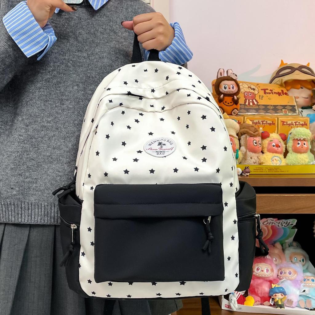Star Polka Dot Colorblock Backpack - Versatile, Large Capacity Schoolbag for Students