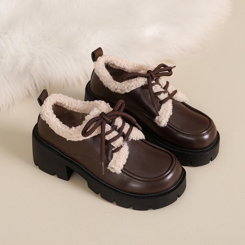 Loafers platform-soled velvet single shoes women's 2025 autumn and winter new fluffy shoes thick heel cotton shoes warm lace-up small leather shoes