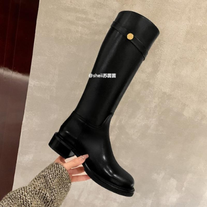 Cowhide Small Gold Coins Skinny Knight Boots Women's Flat Bottom But Knee Long Boots High Boots