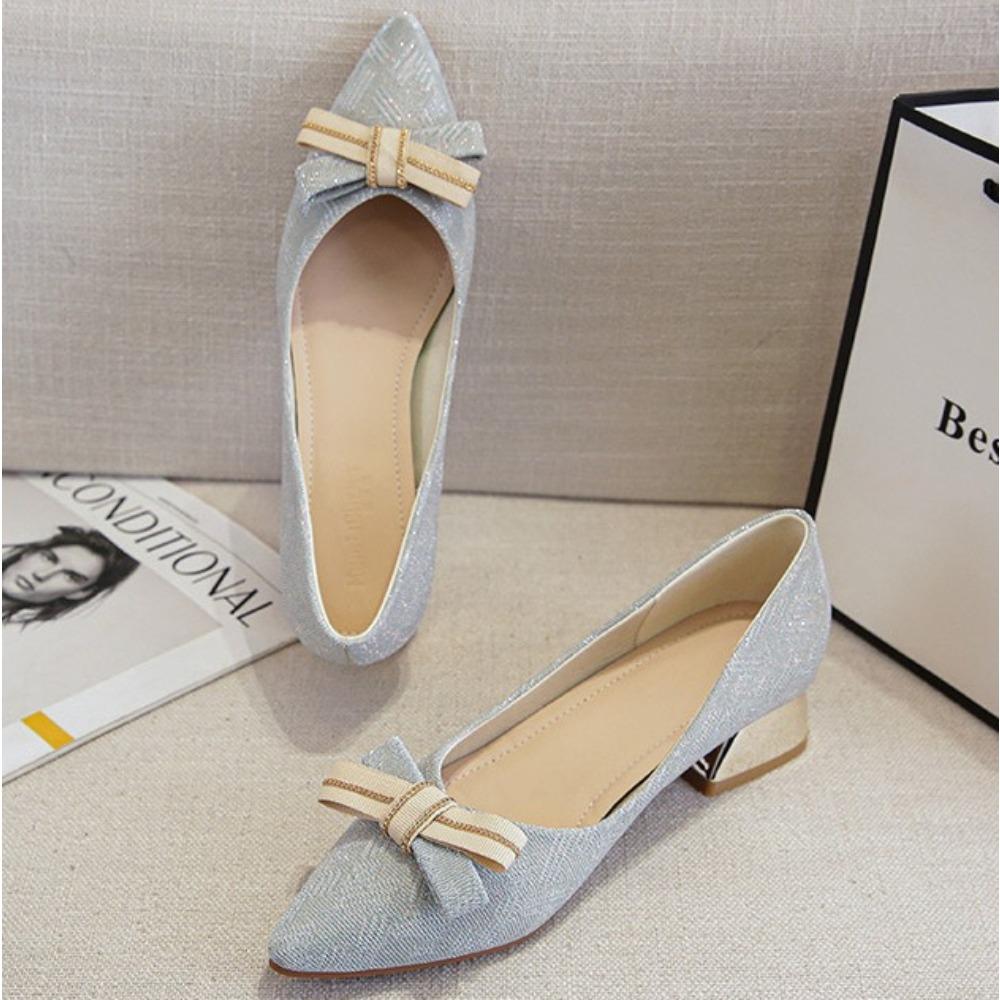 Single Shoes Women's Summer New Thick Heel Middle Heel Pointed Head Professional Fairy Bow Large Size 40-43 Pumps Women