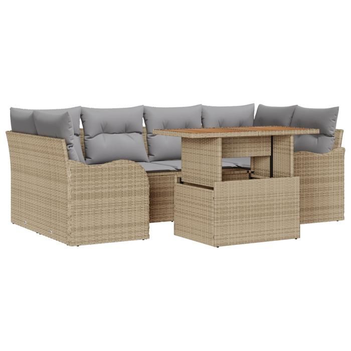 Ensemble de canapé de jardin 7 pièces avec coussins Beige Poly Rattan Acacia, Canapé de jardin 2 places avec coussins Beige 3349412
