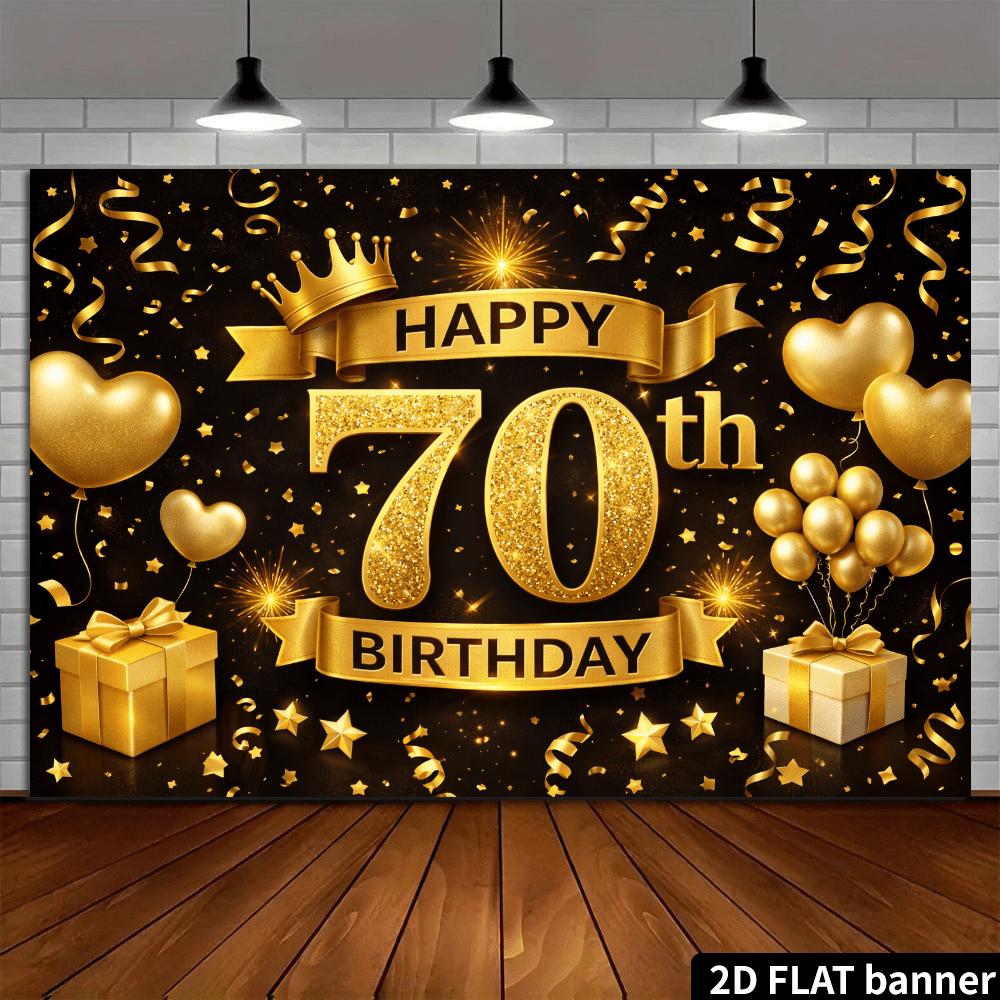 2D Plane 70th Birthday Party Background - Black and Gold Crown Theme, Both Indoor and Outdoor Celebration of 70th Anniversary
