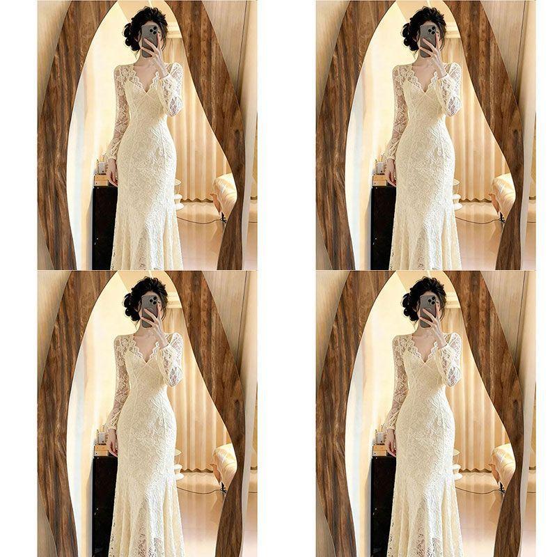 French petty bourgeoisie beige v-neck lace fishtail dress spring women's clothing Kochi fit slim fit skirt