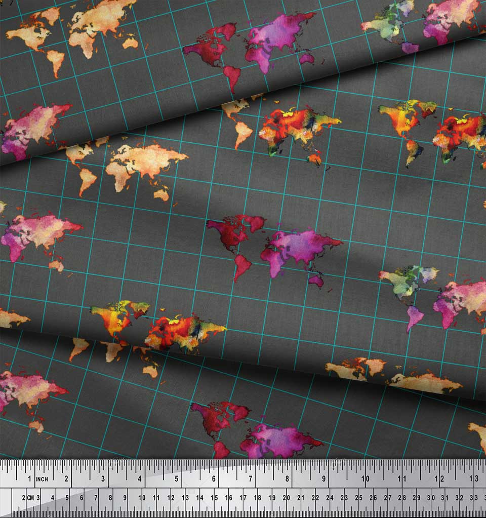 Soimoi Gray Japan Crepe Satin Fabric Check & World Map Print Sewing Fabric Metre 42 Inch