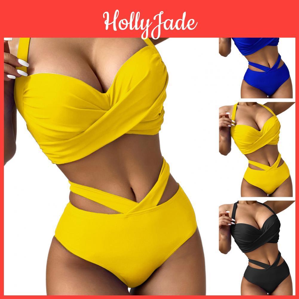 Solid Pcsset Swimwear Set 2 Halter Neck Hight Waist Women Swimsuit For Beach