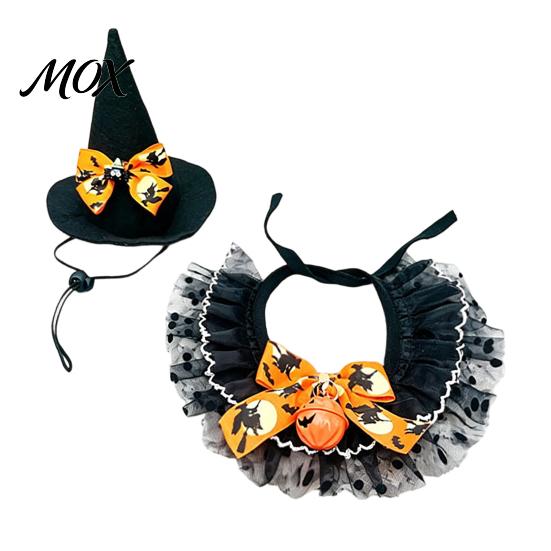 Pet Witch Hat And Scarf 1 Set Halloween Cat Costume, Wizard Lace Bandana, Ruffled Bib Funny Accessories with Bow Bell, Holiday Party Outfit for Small