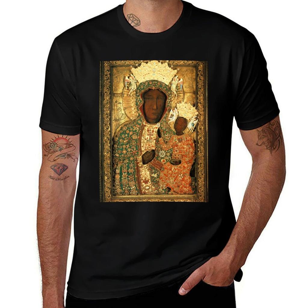 Polnische Schwarze Madonna Ikone Christliche Katholische Kunst Unsere Liebe Frau von Tschenstochau Wandkunst T-Shirt Sommerdruck Kurzarm-T-Shirt