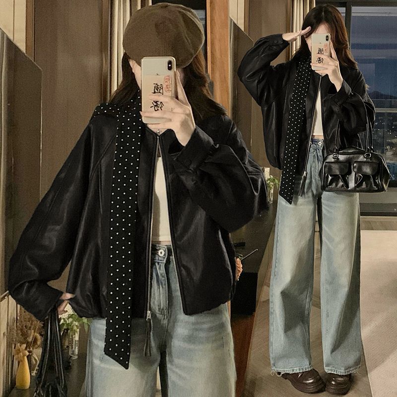 

Kumikumi High Sense Coffee Color PU Leather Long sleeve Jacket Women Autumn Elegant All-Match Loose Slimming Top Black Scarf S