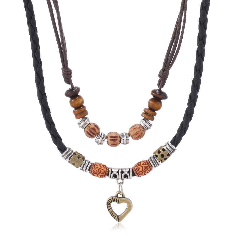 Women's Retro Heart Cross Wooden Bead Multi-layer Ethnic Necklace