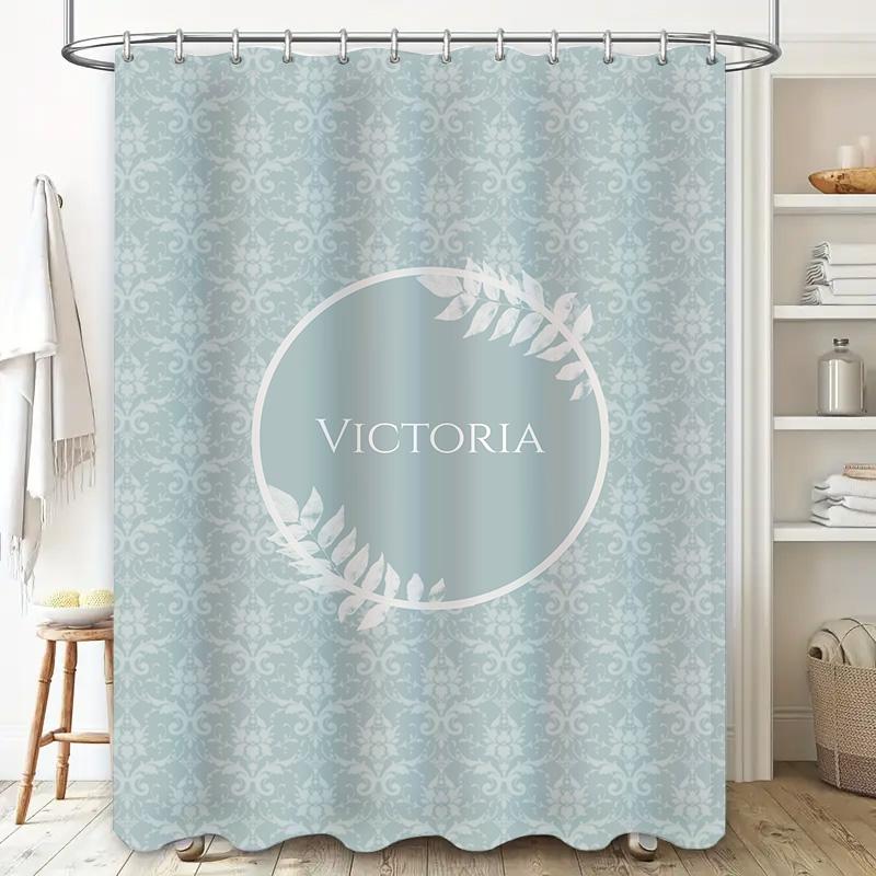 Soft Damask Shower Curtain with Personalized Name and Elegant White Floral Design Modern Bathroom Decor for Kids and Adults (Blu