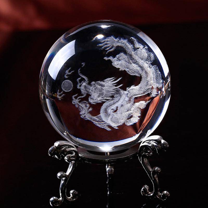 1Set 6/8CM Dragon Crystal Ball 3D Laser Engraved Quartz Glass Sphere Home Decoration Globe Earth Snow Globe Gift