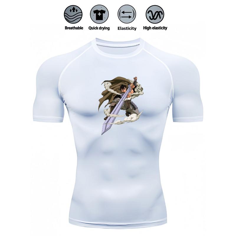 Mens White Compression Short Sleeve T-Shirt Anime Warrior With Sword Graphic Breathable Quick Dry High Elasticity Gym And Running Athletic Top