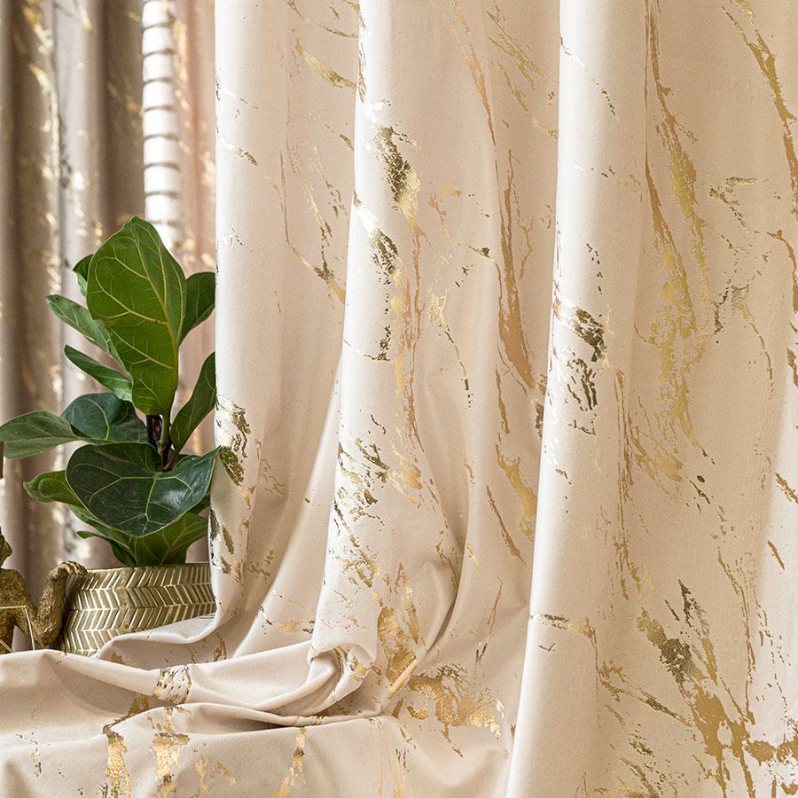 Marma - Ready-Made Eyelet Curtain - 140X250Cm - Cream with Gold Print