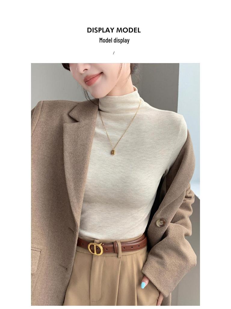 Women's H393 High Neck Warm Slimming Long Sleeve Top - Autumn/Winter Solid Color Versatile Mid-Neck Base Layer Shirt.