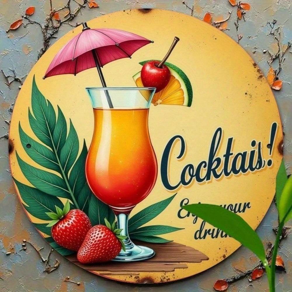 Vintage Tropical Metal Round Wall Sign 2D Retro Bar Cafe Home Kitchen Decor Tin Plate Cool Drink Summer Theme Art
