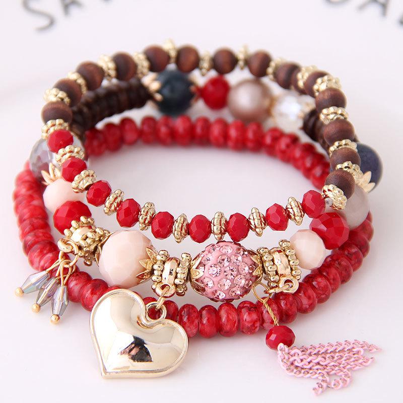 Bohemian Layered Beaded Bracelet Set with Love Pendant and Tassel
