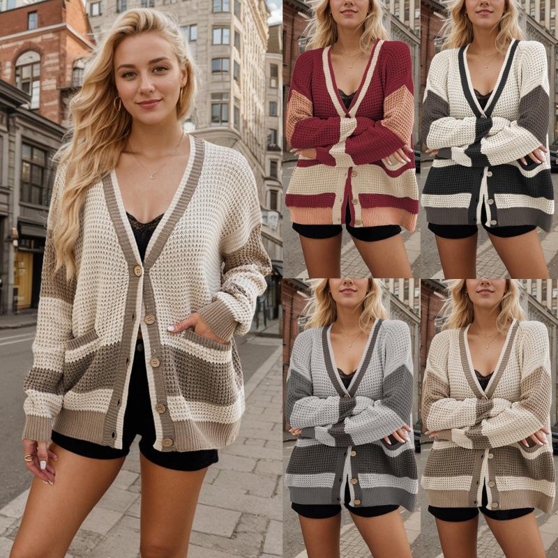 Women Fall and Winter Long Sleeve Color Block Loose Two Pocket Cardigan Button Knit Sweater Coadigan