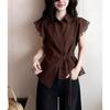Design Coffee Color Small Lapel Short-sleeved Shirt Women's Summer Small Man Waist Strap Ruffle Temperament Front Shoulder Top