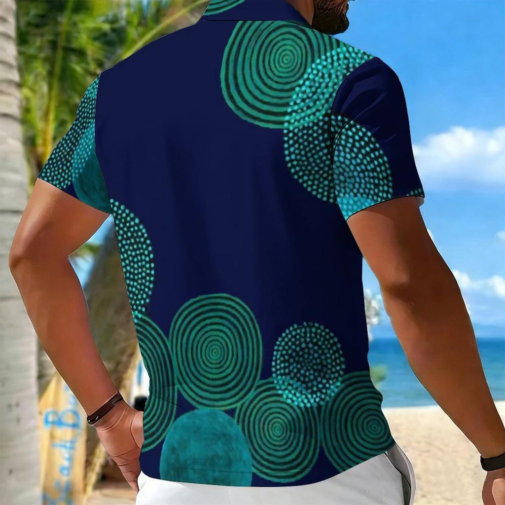 Women Short Sleeve Polo Shirt Dark Blue Teal Spiral Dot Circle Print Half Zip Lapel Top