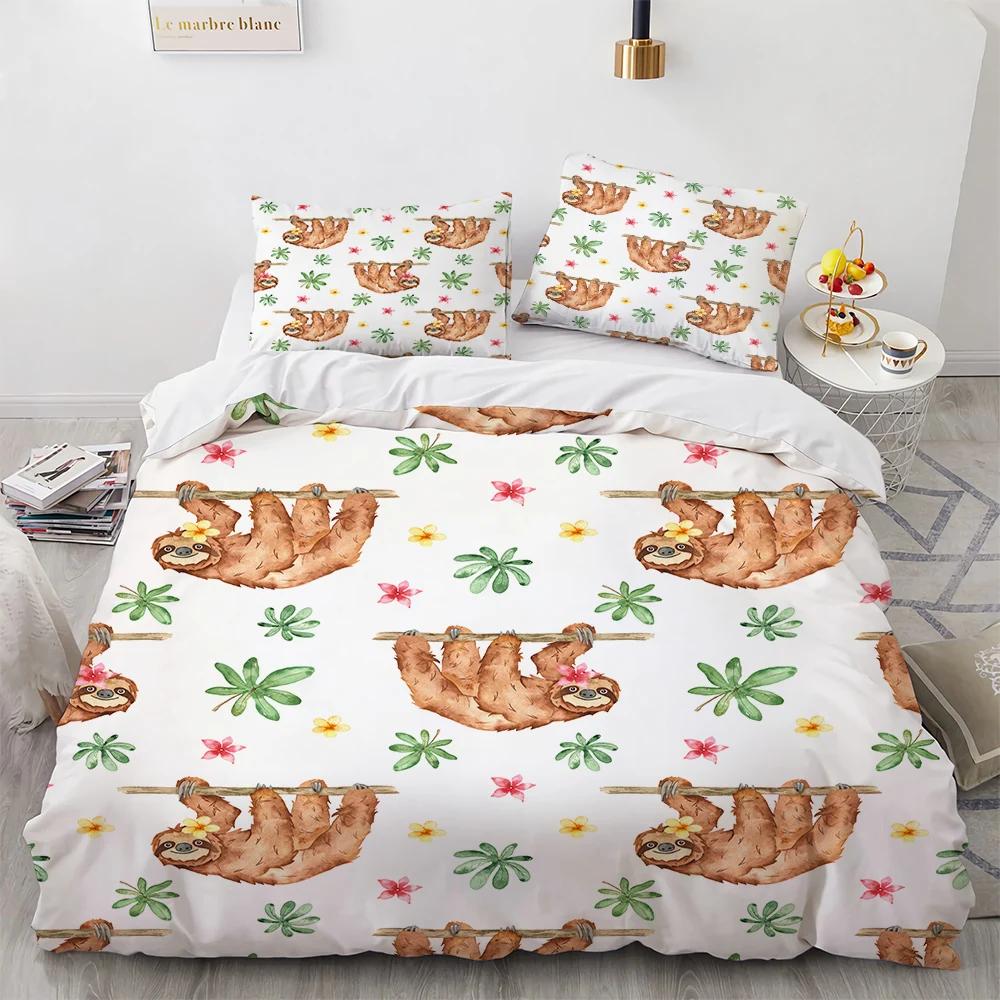 Watercolor Brown Sloth Duvet Cover Cartoon Animals Pattern For Kids Teens Boys Girls Wildlife Bedroom Decorations Quilt Cover