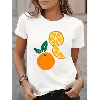 Women'S Citrus Fruit Graphic T-Shirt - Bright Orange Slices & Green Leaves Print, Relaxed Fit Short Sleeve Round Neck Casual Casual Attire,