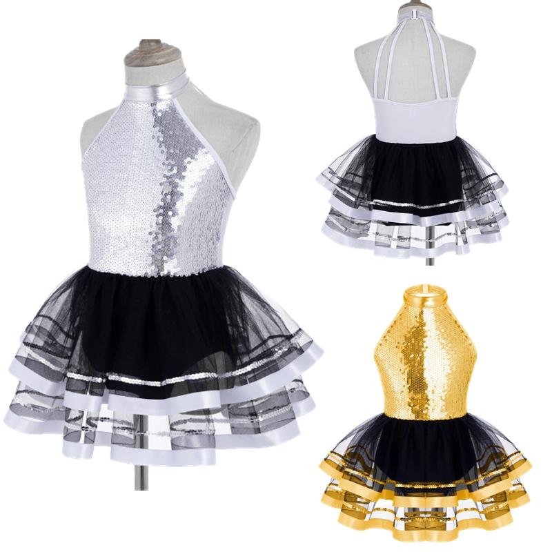 Gymnastics Dress for Girls Sparkling Sequins Ballet Dance Dresses Hollow Back Skirted Ballerina Costume