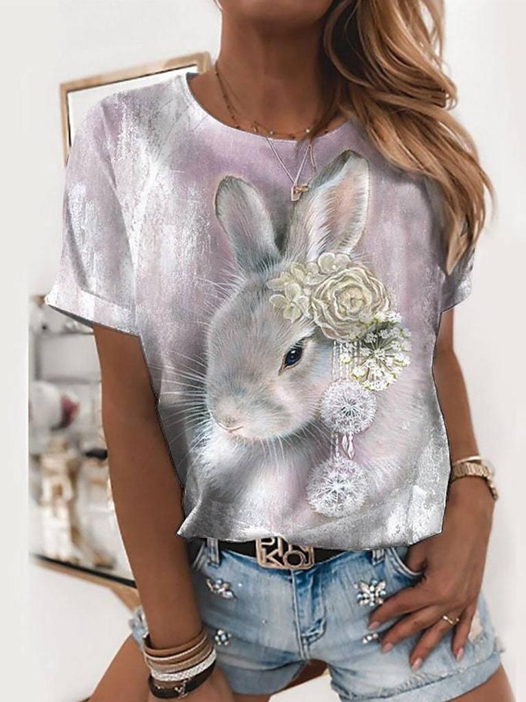 Sommer Rundhals 3D Osterhase Bedrucktes Top Modische Lässige Kurzarm Damen T-Shirts