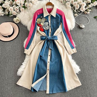 Vestidos Femininos 2025 de Cadarço Cintura Alta Patchwork Jeans com Manga Longa Lapela Roupas Estilo Francês