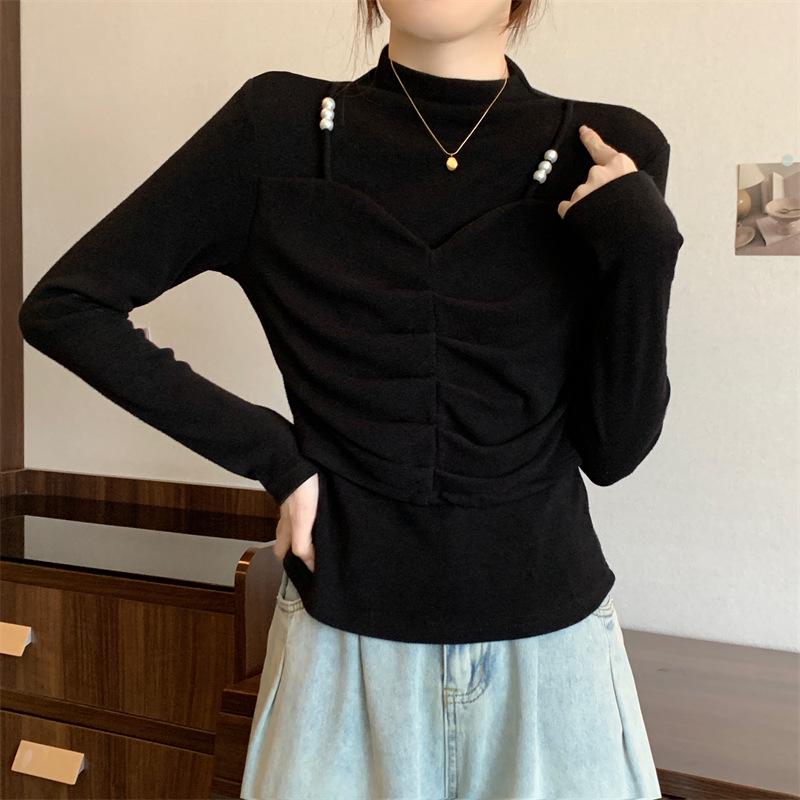 

Women s Plus Size Faux Two-Piece Long-Sleeve Semi-High Neck T-shirt - Slimming, Stylish Spring Base Layer 4XL (suggested for 75-82.5 kg) чёрный