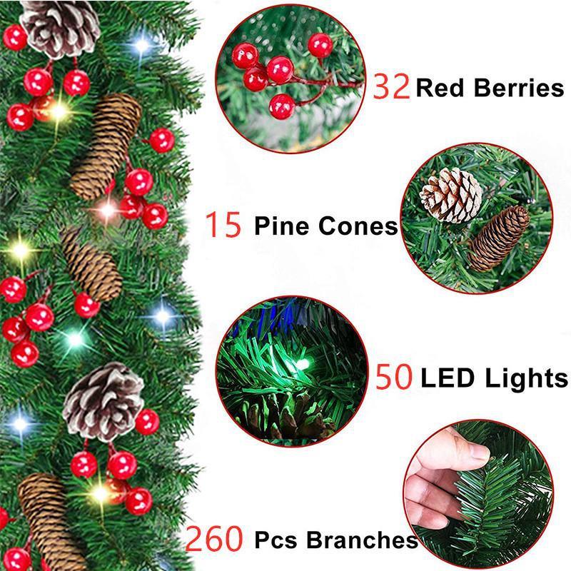 2.7m PVC Christmas Decoration Pine Cone Berry Cane Artificial Rattan for Party Mall Door Hanging Decoration New Year Christmas