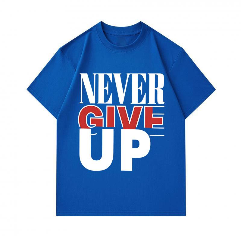 Men's 100% Cotton Crew Neck Short Sleeve T-Shirt, Never Give Up Inspirational Letter Print Casual Soft Breathable Regular Fit Summer Tee for Daily Wea