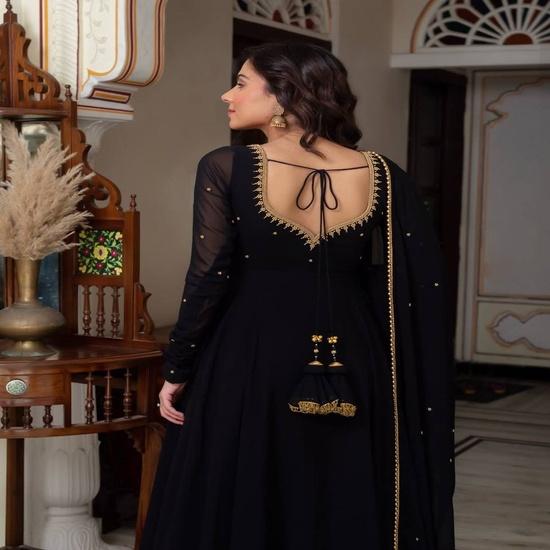 Women's Black Embroidered Anarkali Suit Set with Sheer Dupatta