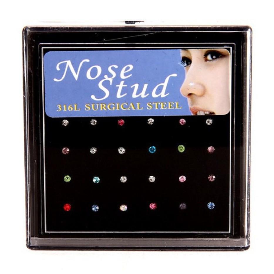 Stainless Steel Rhinestone Nose Studs - Titanium Steel, 24-Pack