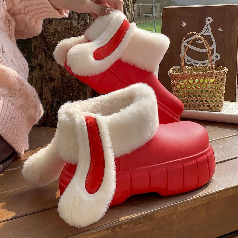 Winter new velvet thick-soled heightening rabbit ear cotton cover warm outer wear home solid color cotton towing shoes