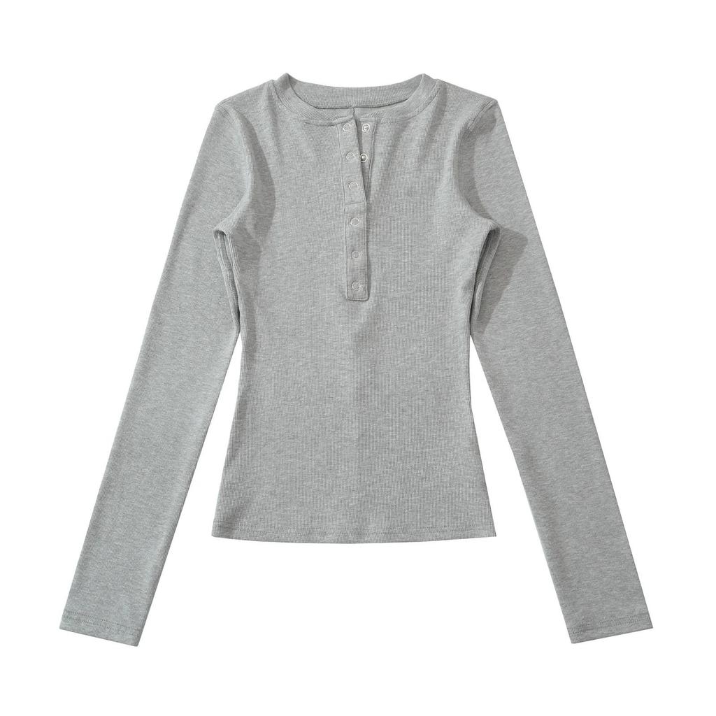 Women's Korean Style Henry Collar Long Sleeve Base Layer T-shirt for Autumn/Winter – Stylish, Stretchy, Basic Top