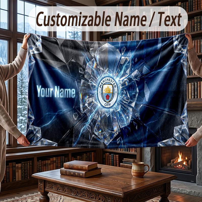 Custom Name Flannel Throw Blanket Manchester City Pattern Warm Home Decoration