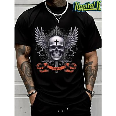 Europäische Größen Herren T-Shirt Totenkopf Flügel Kreuz Fahne Design lustiger Text atmungsaktiv Fabrik Direktverkauf T-Shirts für Männer