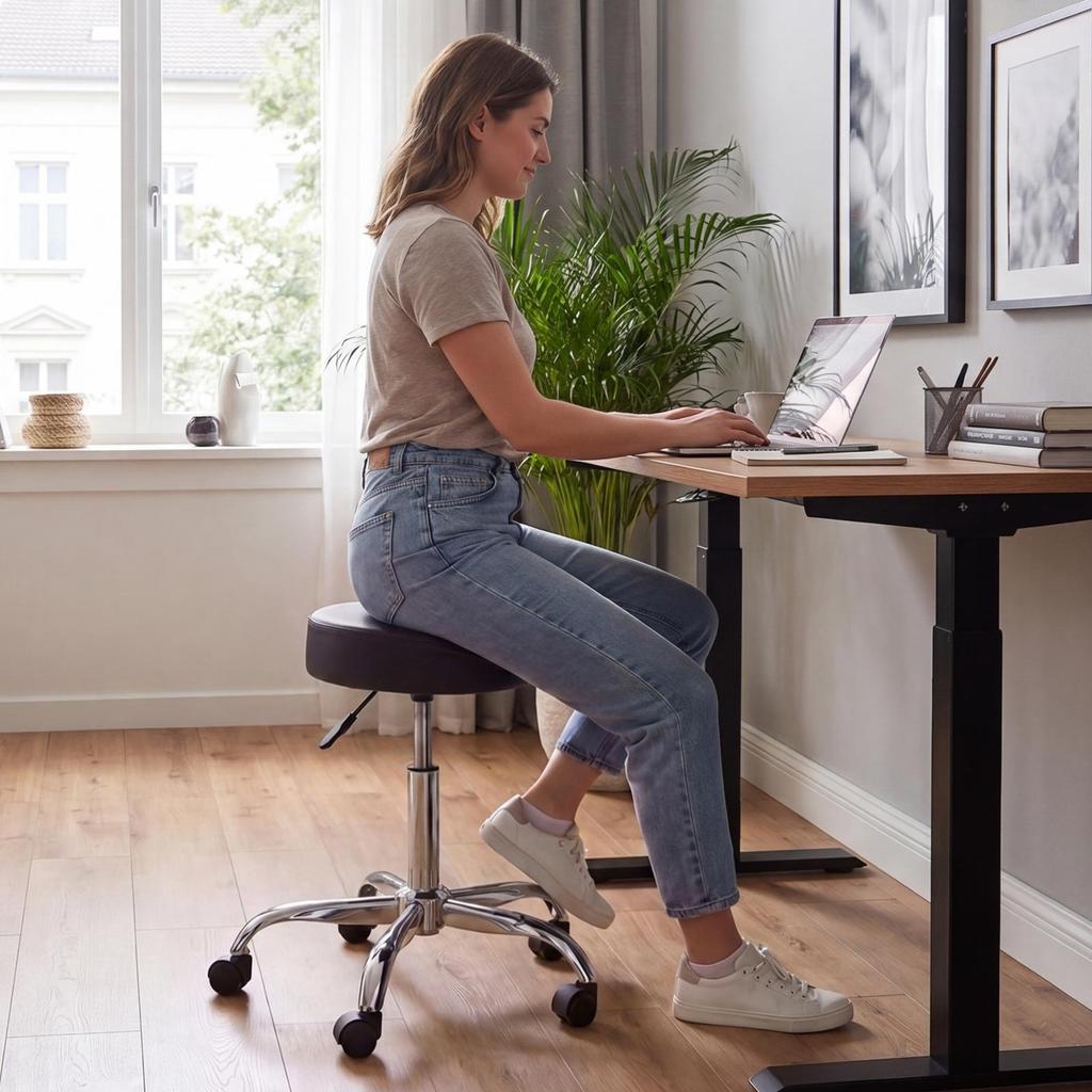 Rolling Stools with Wheels, Set of 2, 226.8kg Weight Capacity, Height Adjustable, Thick Cushion Ergonomic PU Leather Seat, 360° Swivel Round Rolling