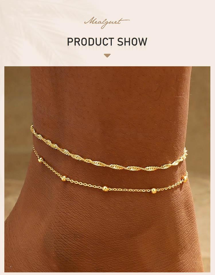Tarnish Free Bead Anklet,Stainless Steel Double Layered Foot Chain Adjustable,Summer Beach Versatile Jewelry for Her Gift