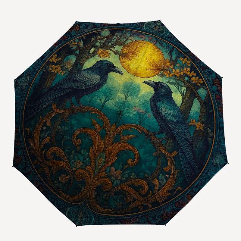 Raven Moonlit Forest Wall Art: Mystical Circular Decor Umbrella, Portable 3-Fold Compact Umbrella for Men & Women R142