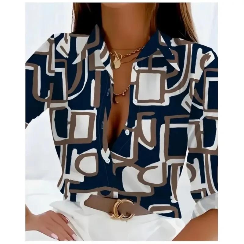 Spring Elegant Circle Printed Patterns Women's Shirt Long Sleeve Turn-down Collar Button Office Ladies Blouse Top Clothing