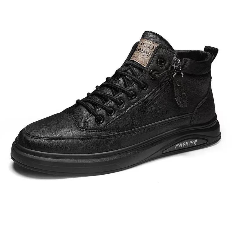 Fashion Men leather casual shoes 2024 new fashionable and comfortable soft leather men high top casual side zipper mid top sports shoes