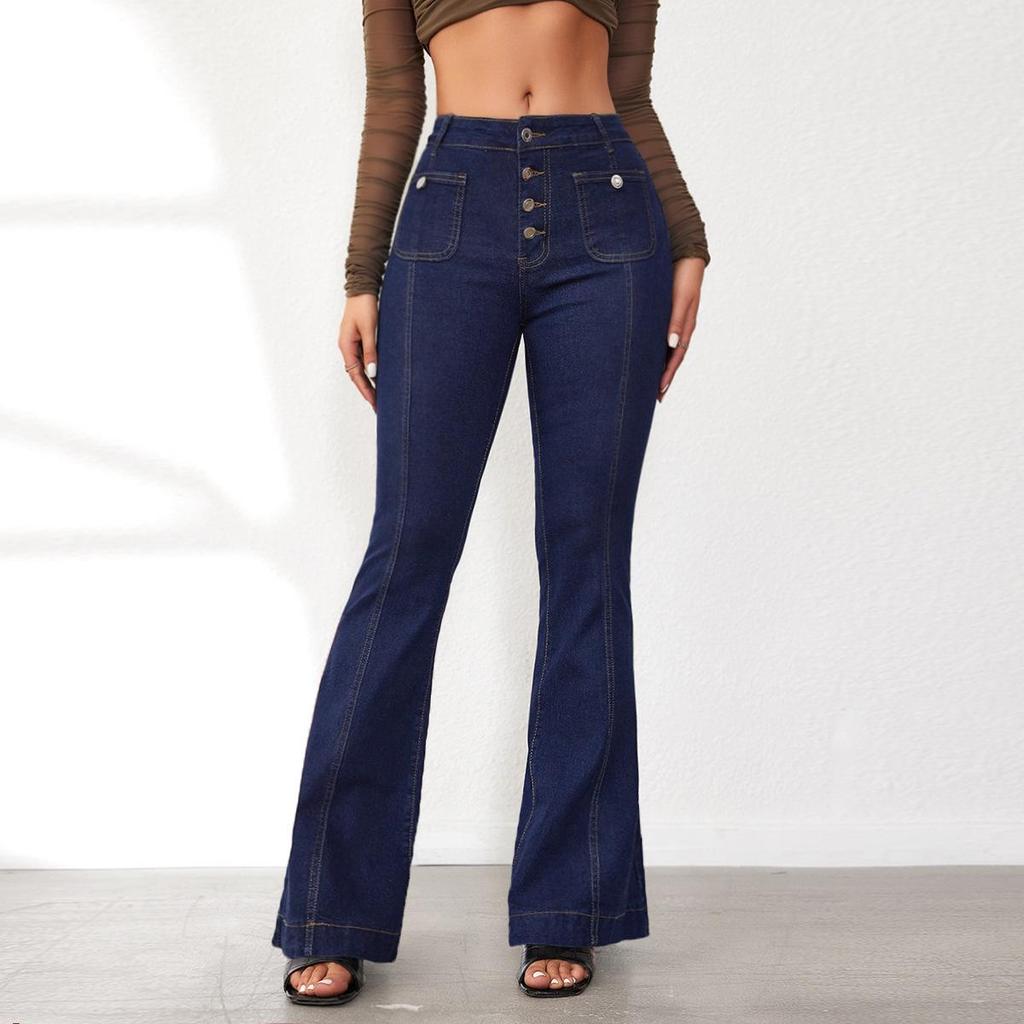 Frühling 2025 Damen High Waist Patchwork Micro-Flare Knopfleiste Slim Fit Jeans
