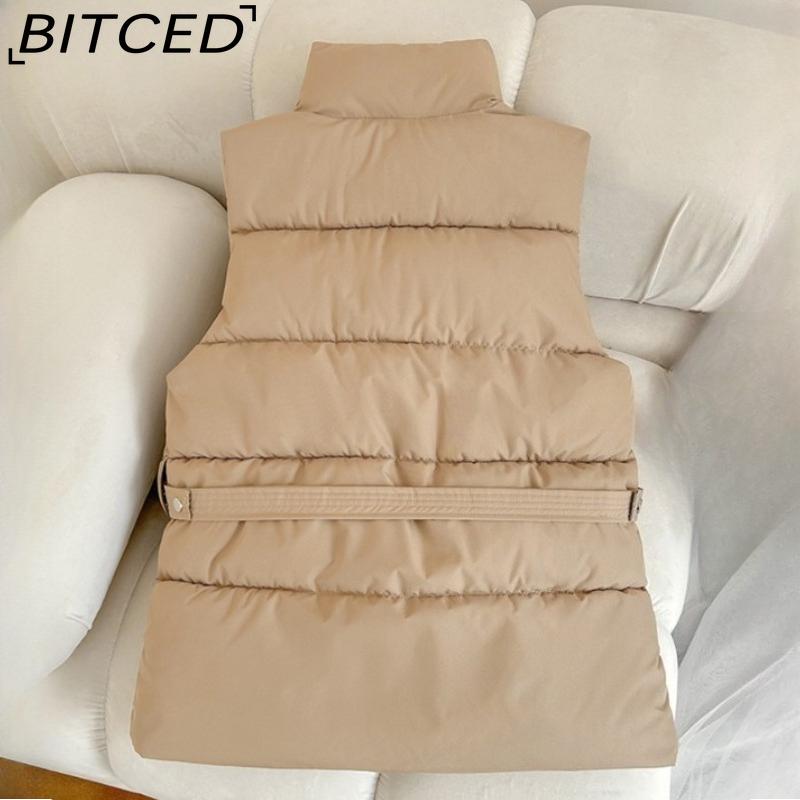 BITCED Autumn/Winter Women's Fashion Solid-Colour Belted Cotton Jacket, Fashionable Waistcoat, Stand-Up Collar Puffer Coat