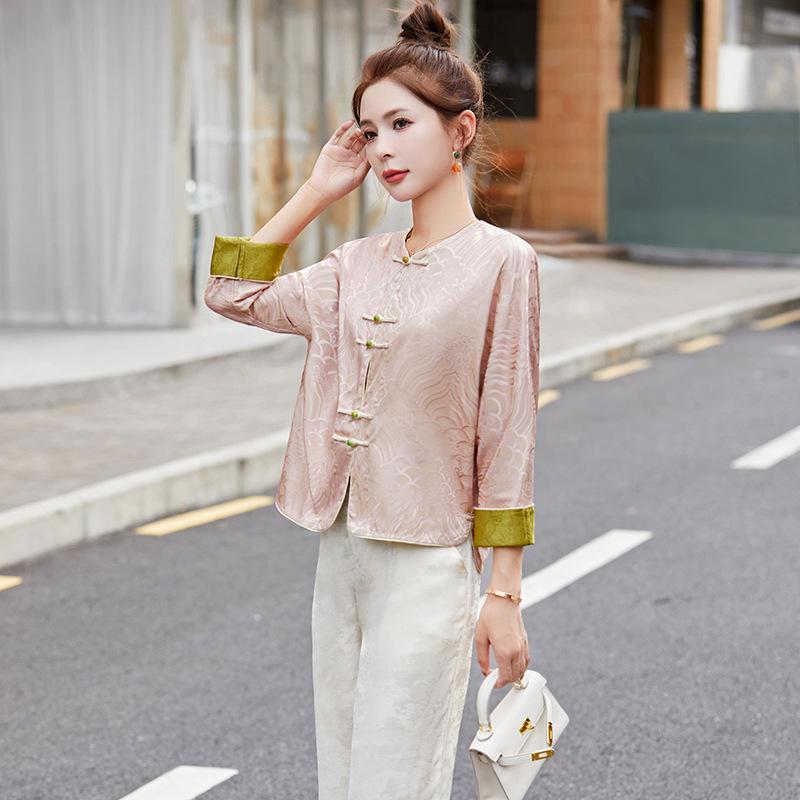 

2025 Spring/Summer Double-Sided Jacquard Color Block Frog Button Jacket L 55-60 kg рожевий