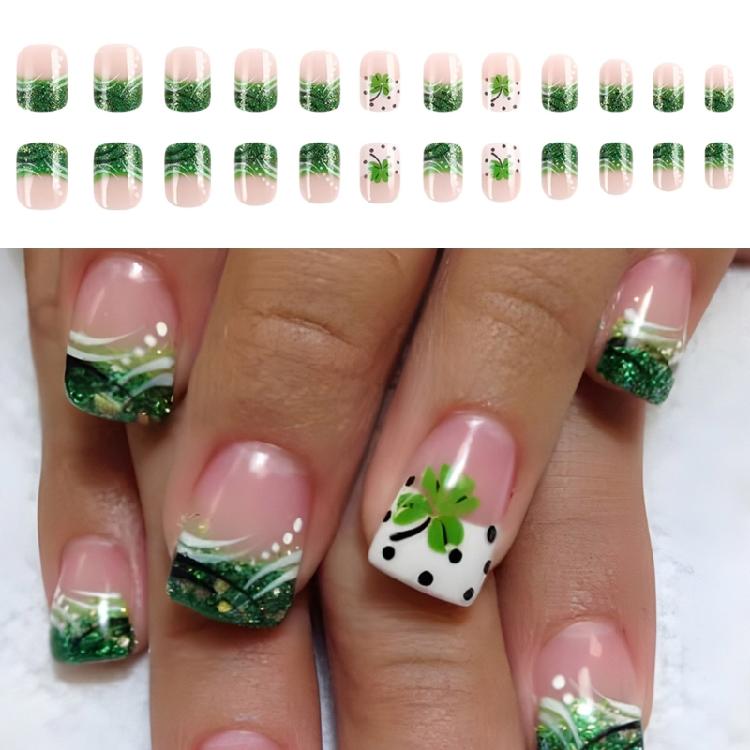 24 Pcs Glossy Stick on Nail Saint Patricks Day False Nail French Tip Press On Nail Shamrocks Artificial Nail