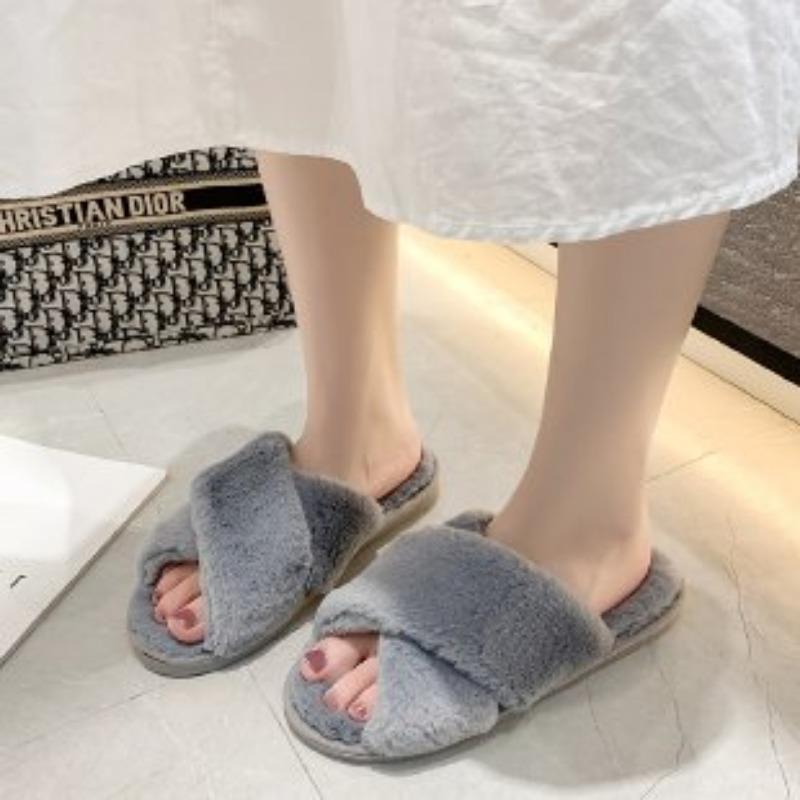 Large Size Fluffy Slippers Women's Autumn and Winter New Flat Bottom Home Indoor Cross Plush Cotton Mop