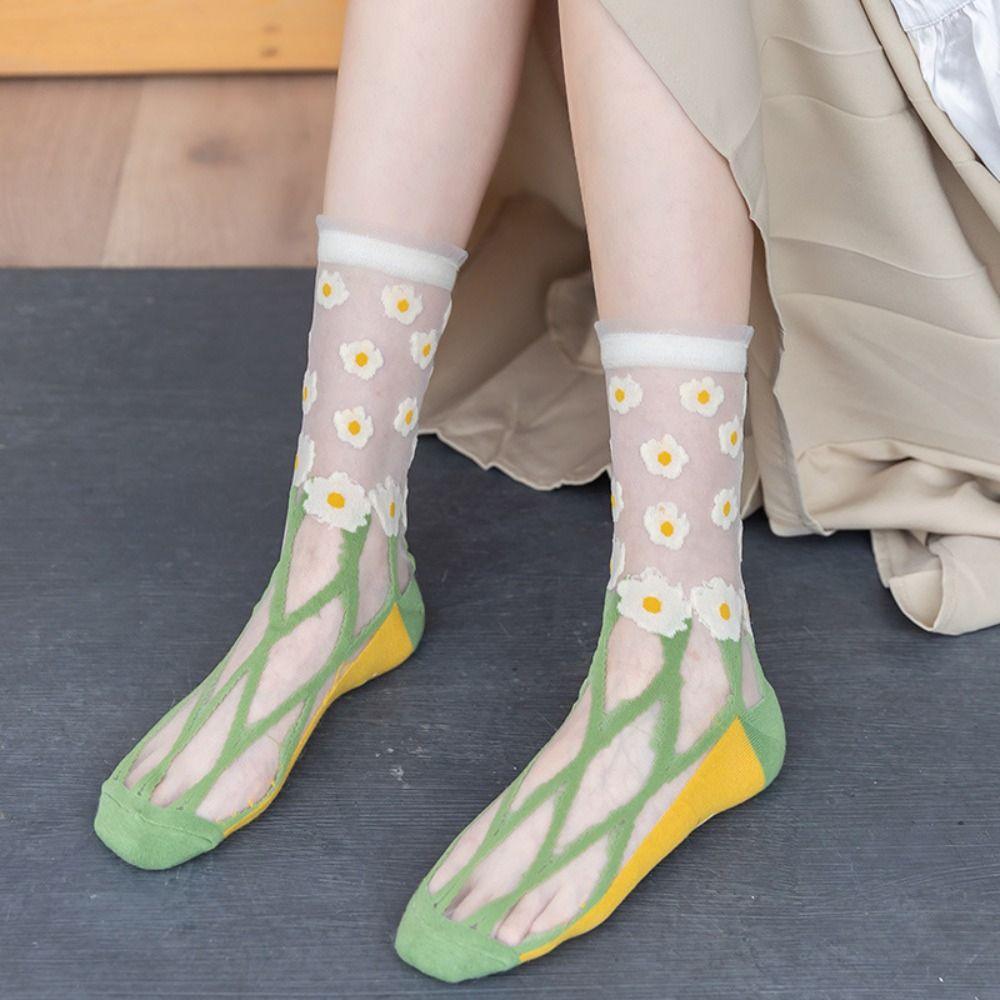 5Pairs Glass Silk Tulle Mid Tube Socks Mesh Sweet Socks Women Soft Transparent Flower Socks  Girl